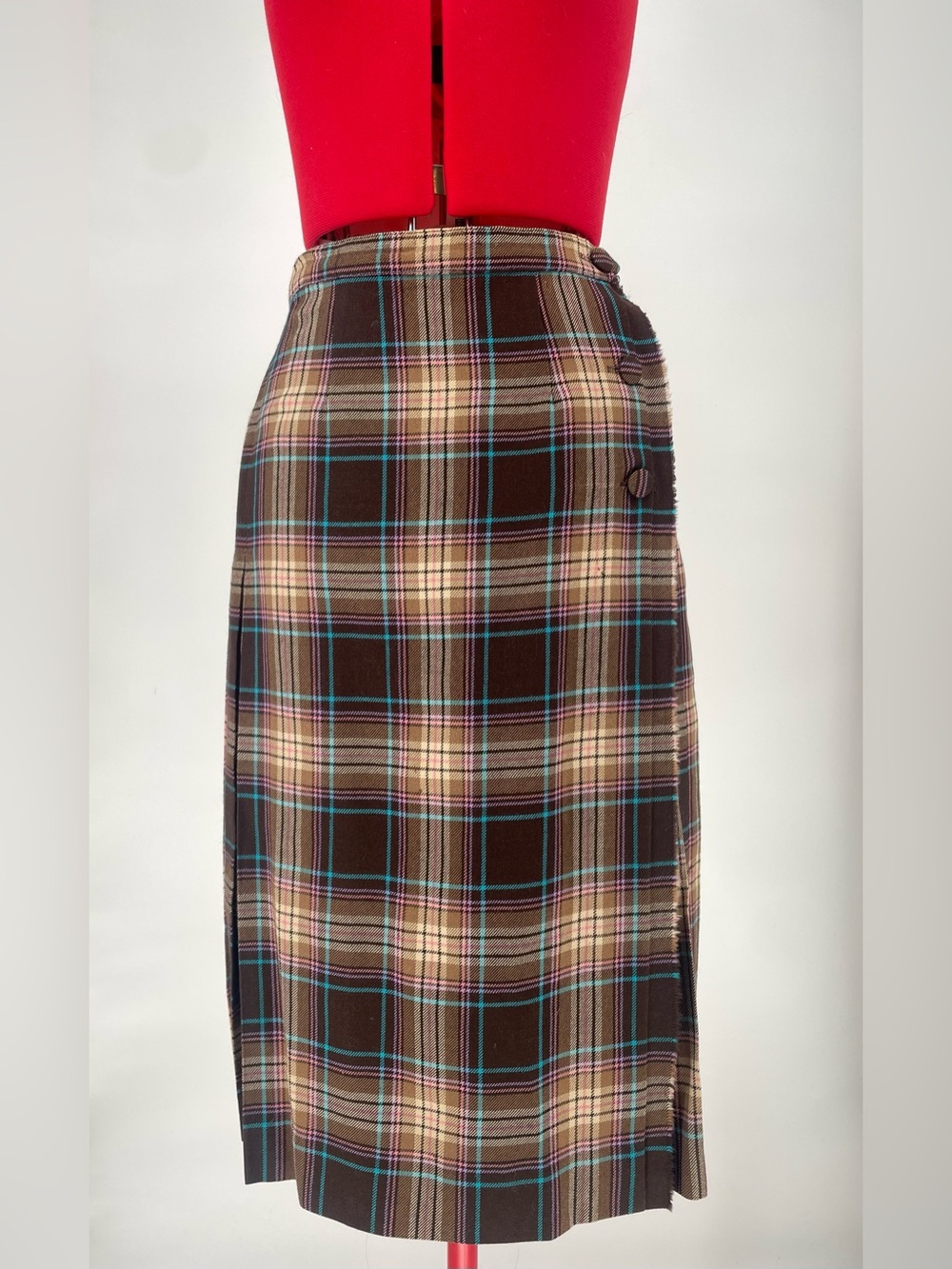 VTG Plaid Wool Surrey Classics Brown Blue Pink Pleated Mid Length Wrap Skirt